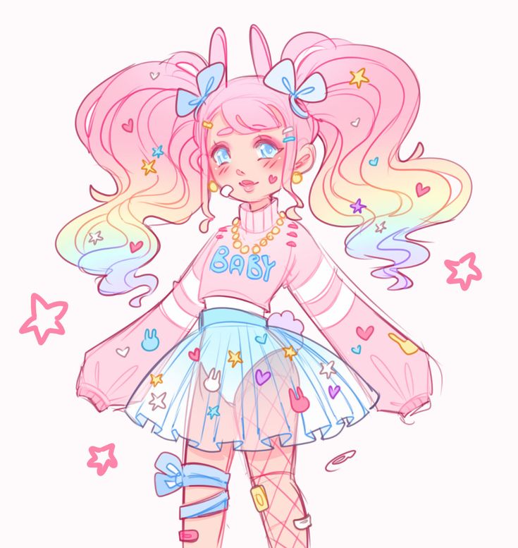 this is a drawing of an anime girl with pink hair, a pink sweater with the word "baby" written on it, and a rainbowcolored skirt. she also has a white bunny ear headband and is surrounded by stars. she is facing the right of the image.
