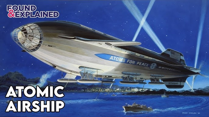 a retrofuturistic illustration of a large airship, with the words "atoms for peace" written on the side, flying over an ocean. it looks like the airship has the potential to fly into space. the image is set against a blue sky with stars and clouds, and the ocean is a dark blue. there are small boats in the water.  the style is reminiscent of midcentury modern design.