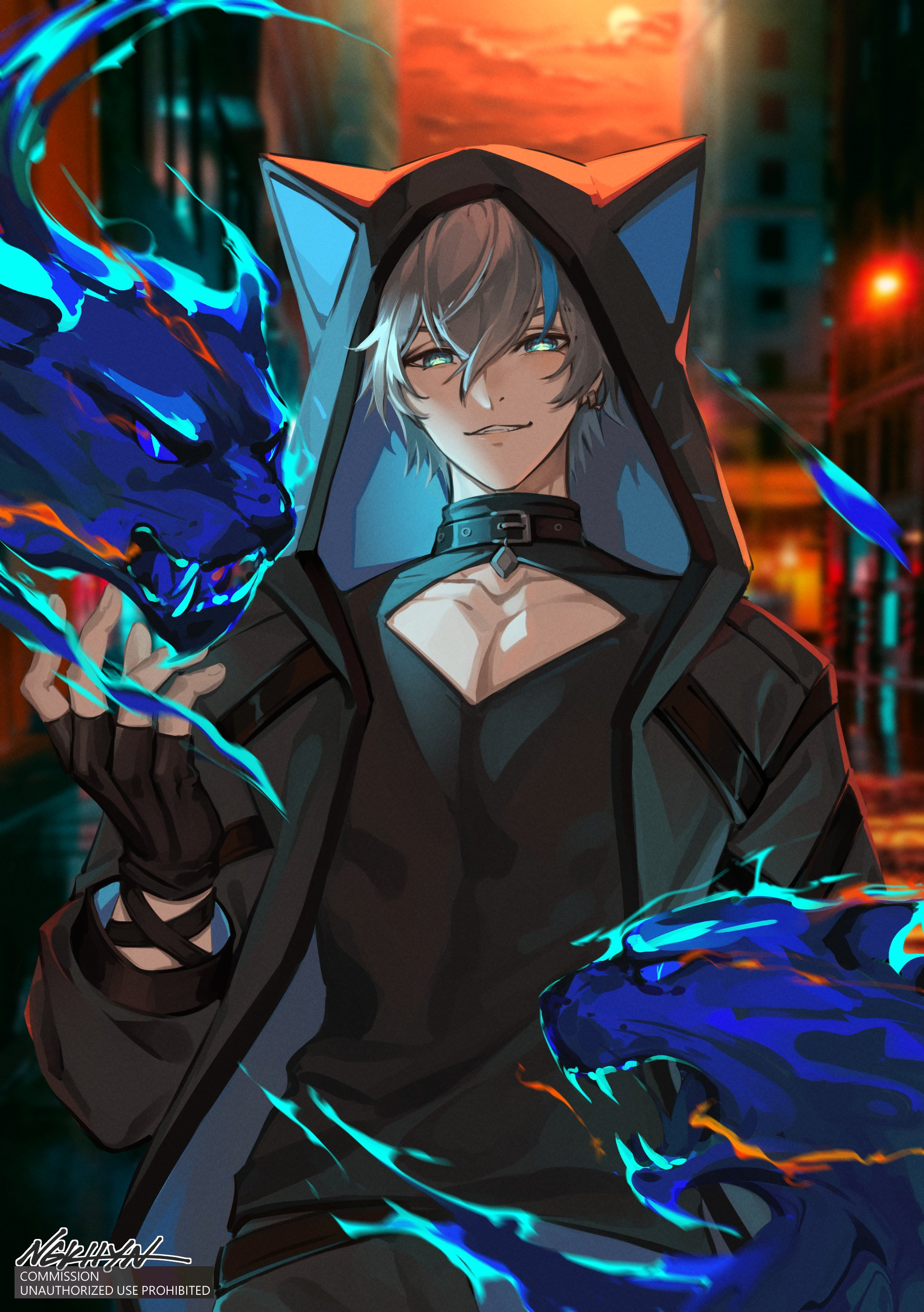 the image is an illustration of a young man wearing a darkcolored jacket, a black choker, fingerless gloves, and a hooded jacket with cat ears. he has grey hair with a streak of blue.  his expression is confident and cool. he is channeling two blue flames that look like roaring panthers, one from each of his hands. the background is of a street scene in a modern city with skyscrapers; the sky is in orange hues from the setting sun.