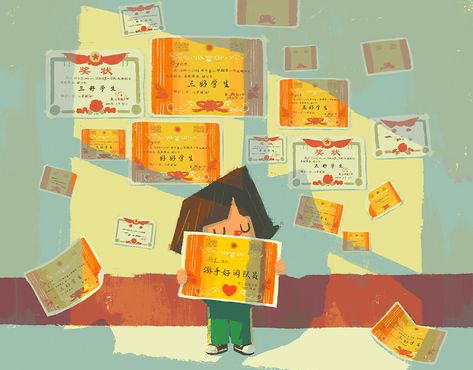 a young girl with short brown hair and a big smile stands in a classroom setting, holding a large certificate in her hands. the walls are adorned with colorful certificates and awards, highlighting a celebration of achievement and academic success.  the girl's joyful expression and the vibrant environment suggest a positive and encouraging atmosphere. this digital illustration captures the essence of academic recognition and personal accomplishment.