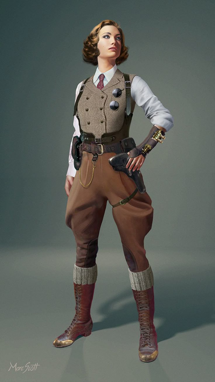 a woman in steampunk attire stands with a pistol in her right hand, exuding a vintage yet futuristic aesthetic. she wears a light gray buttondown shirt paired with a brown vest and a dark red patterned tie. a brown leather holster and various pouches adorn her waist and upper body, attached by belts. her trousers are brown and puffed at the thigh, contrasting with her kneehigh red leather boots with grey cuffs. a leather glove with intricate detailing covers her left hand. her hair is styled in elegant curls, and she gazes off to the upper right with a confident expression.
