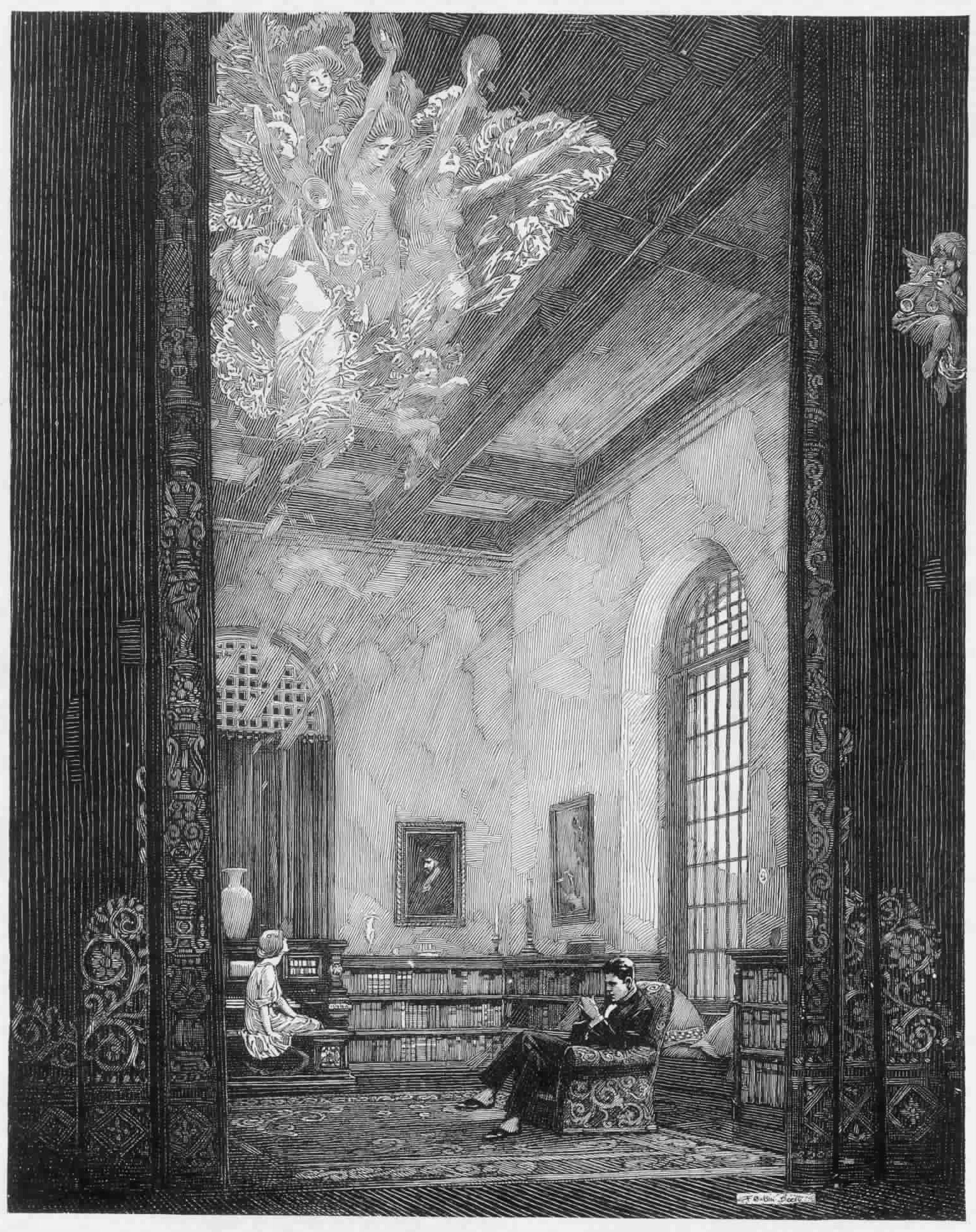 the image is a detailed black and white illustration, possibly an engraving, depicting the interior of a richly decorated room, possibly a library.  the room features ornate bookshelves filled with books, a large window with bars, and intricately carved woodwork. the ceiling is adorned with a dramatic scene of ethereal figures, seemingly sculpted or painted. two people, a man and a woman, are seated within the room; the man is reading, while the woman appears to be engaged in a quiet activity near a piece of furniture resembling a piano or organ. the overall atmosphere is one of quiet contemplation and romantic mystery, with strong contrasts between light and shadow creating depth and drama in the scene. the style suggests a vintage or antique aesthetic, possibly from the late 19th or early 20th century.