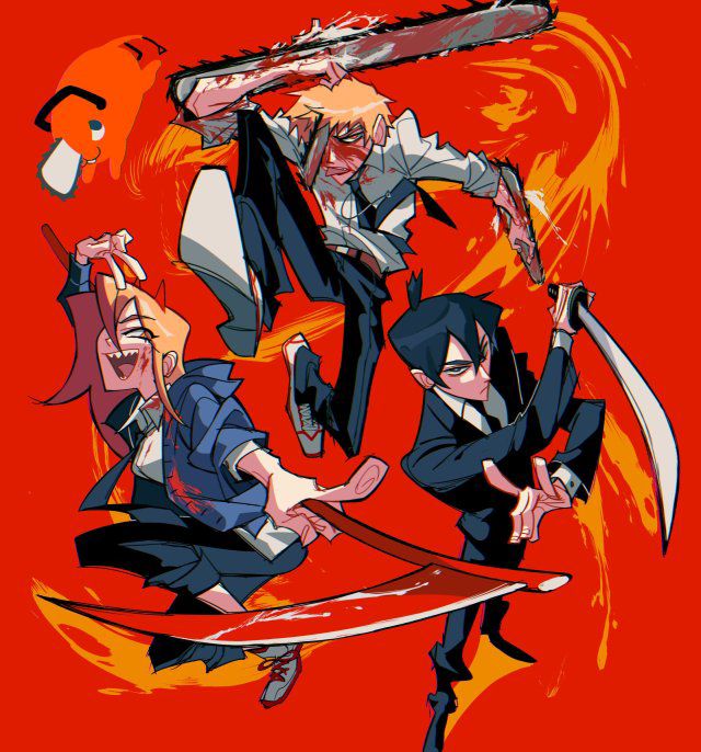 the image is a vibrant digital illustration in a distinct anime/manga style. it depicts three characters engaged in a fierce, dynamic battle against a bold red background with orange brushstrokes suggesting movement and energy.  one character wields a chainsaw, another a katana, and a third character holds a large curved blade. all three characters have stylistic anime features and are dressed in attire reflecting different styles; one seems to be in a school uniform, another in a suit, and the third in a more casual outfit.  blood splatters are visible, adding to the violent and intense nature of the scene.  the overall style is sharp, energetic, and visually striking.