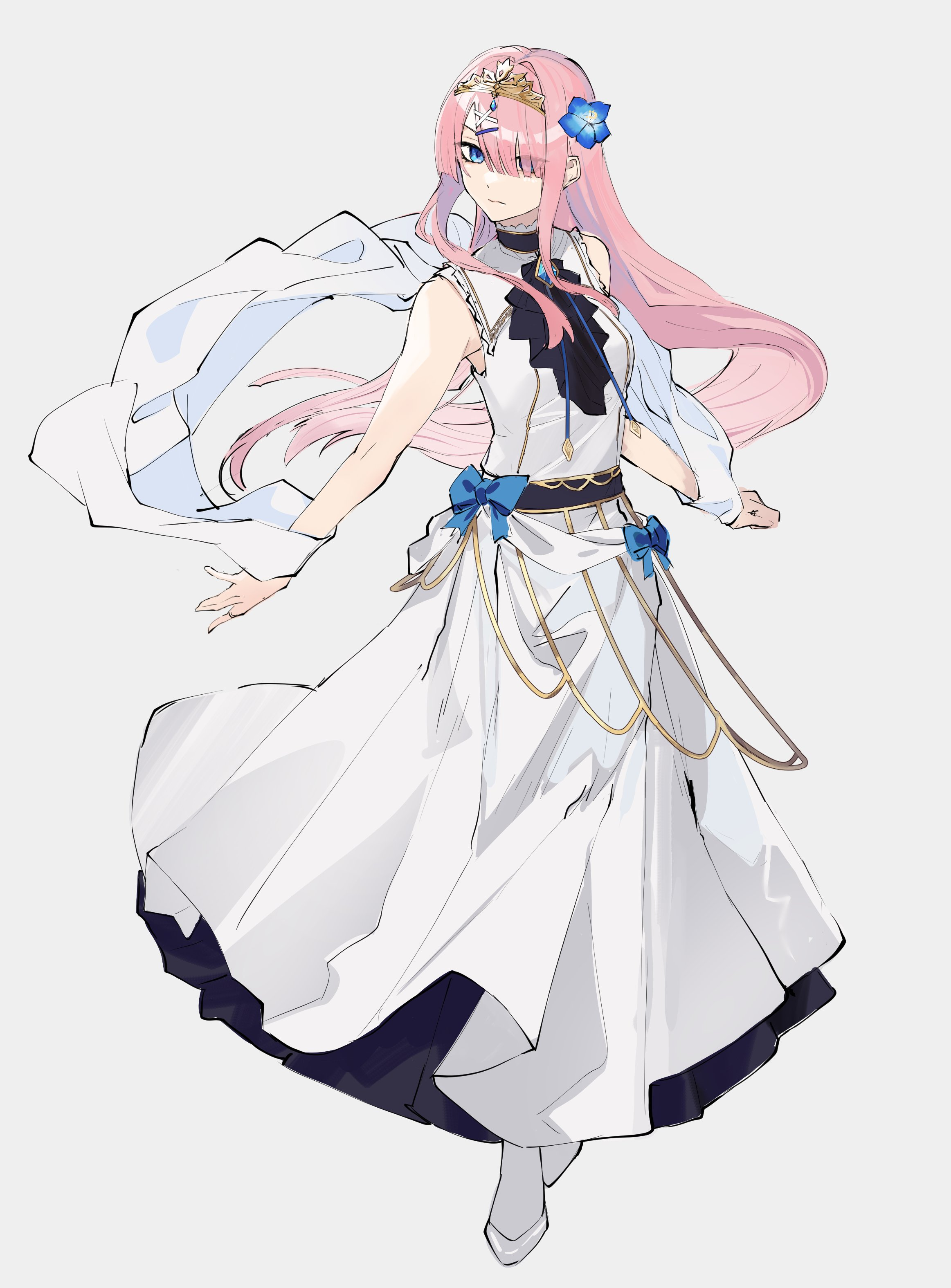 a digitally drawn illustration of an anime character. it's a female with long pink hair and blue eyes. she wears an elegant flowing white dress with blue and gold accents. she also has a tiara with a blue flower and several blue ribbons adorning her outfit. the lighting is soft, giving the image a gentle feel. the perspective is a front view, showcasing the character's full outfit.