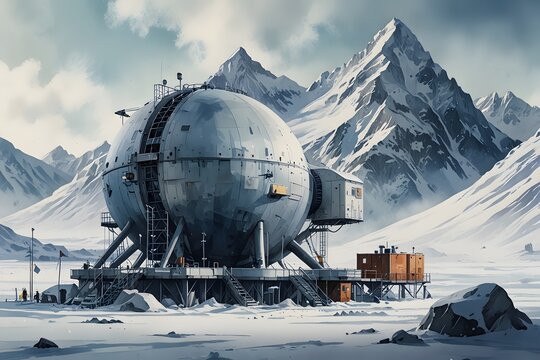 this image is a futuristic, scifi illustration depicting a large domeshaped building in a snowy landscape.  the dome is situated on a platform with multiple legs, making it appear as though it may be able to be moved. the structure is surrounded by a white, snowy landscape with large mountains in the distance. the scene may suggest an outpost or research facility in a remote, arctic or antarctic location.  the image is rendered in a realistic style.
