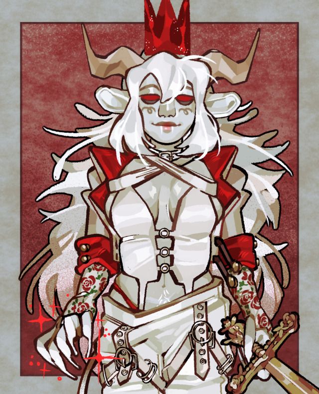 the image is a digital painting of a fantasy character.  she appears to be a queen or highranking figure, indicated by her ornate red crown.  the character is anthropomorphic, possessing the horns and ears of a goat but with a humanlike body.  she's dressed in a stylish, almost steampunkinspired white outfit with red accents, a corset, and gloves adorned with rose tattoos.  she carries a golden sword, and her overall expression and posture project an air of power and confidence.  the artwork is detailed and employs dramatic lighting against a deep red background. the style leans towards a slightly gothic or dark fantasy aesthetic.