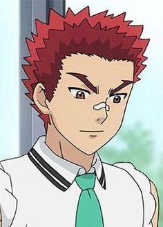 this is a closeup illustration of a young man with vibrant red, spiky hair. he has distinctive brown eyes and a small bandage across his nose bridge. the man wears a typical japanese school uniform with a white shirt featuring a black collar with blue stripes and a mint green tie. his confident expression and the warm, soft lighting create a captivating and approachable image.