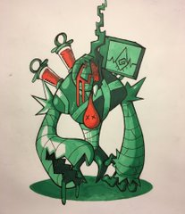a green cartoon robot monster with bandages, syringes sticking out from the back, and a digital screen with a green symbol on its head. the robot is dripping green slime from its mouth and hand. there are two x marks on its bandage.