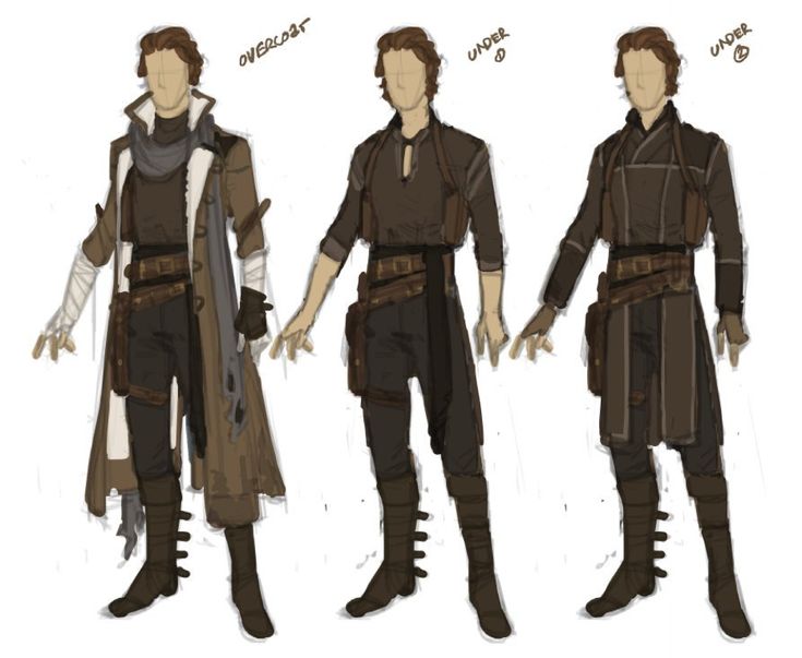 this is a drawing of a male character with different clothing options. the character is shown in three different outfits.  the first is a brown coat with a scarf, the second a brown shirt with a brown belt, and the third a brown tunic with a brown sash. all three outfits have brown pants and brown boots.  the character is carrying a bag and has a dagger strapped to his thigh.