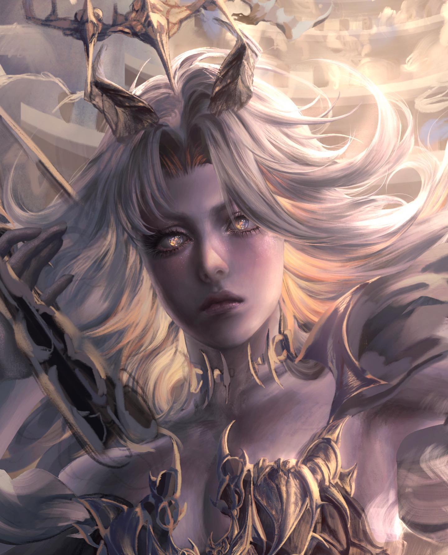a beautiful and ethereal woman, possibly an elf, is depicted in a portrait. she has long white hair and is adorned in gold jewelry and armor. her wings are glowing with a soft light. she has a mysterious and powerful aura.