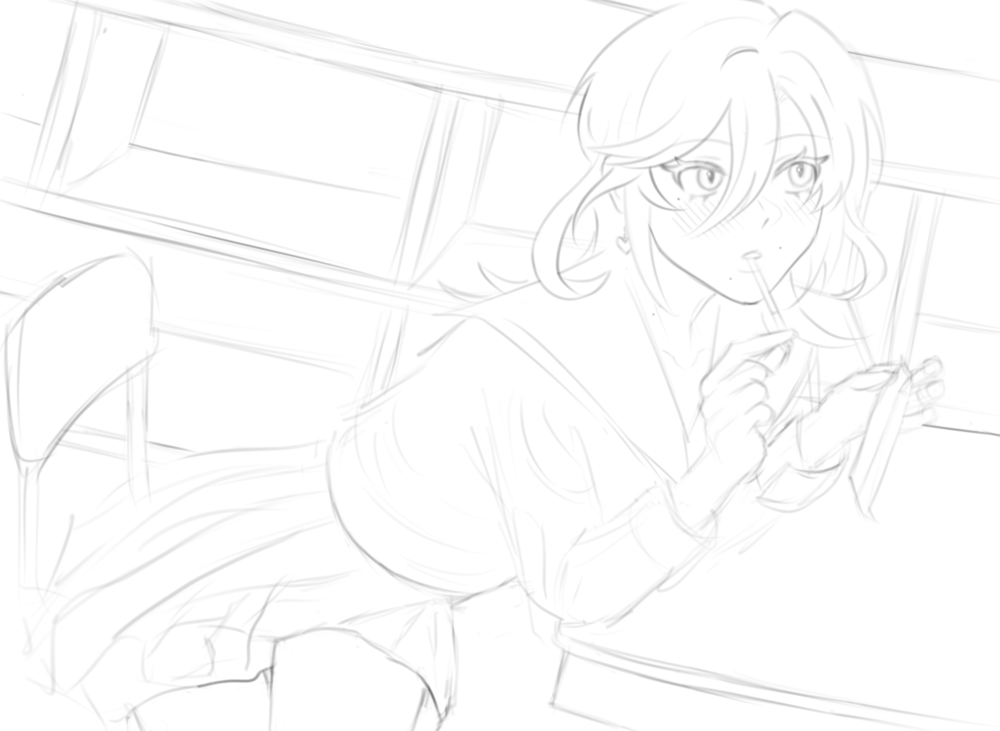 a light pencil sketch of an animestyle schoolgirl sitting at a desk, seemingly concentrating on something she's writing or drawing. she's wearing a sailorstyle uniform and has a gentle, almost shy expression. the sketch is loose and shows the process of creation, with visible line variations and shading. the background includes parts of a desk and chair, suggesting a classroom setting. the overall tone is soft and peaceful.