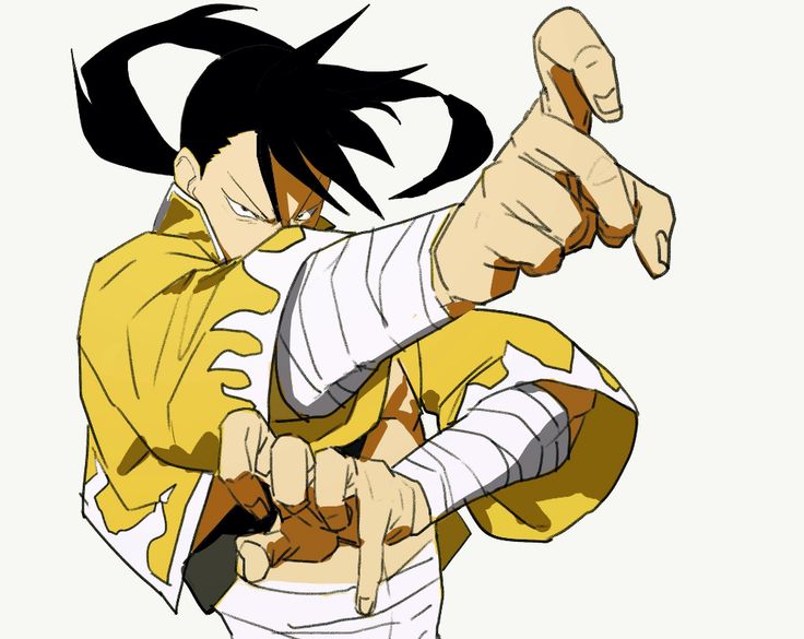 the image is a digital drawing of a male anime character in a yellow and white martial arts outfit. he has black hair and eyes, and is striking a fighting stance with his right arm extended forward and his left arm bent at the elbow. the character looks determined and focused, ready to strike. the drawing is in a dynamic and energetic style, with a focus on movement and action. the background is white.