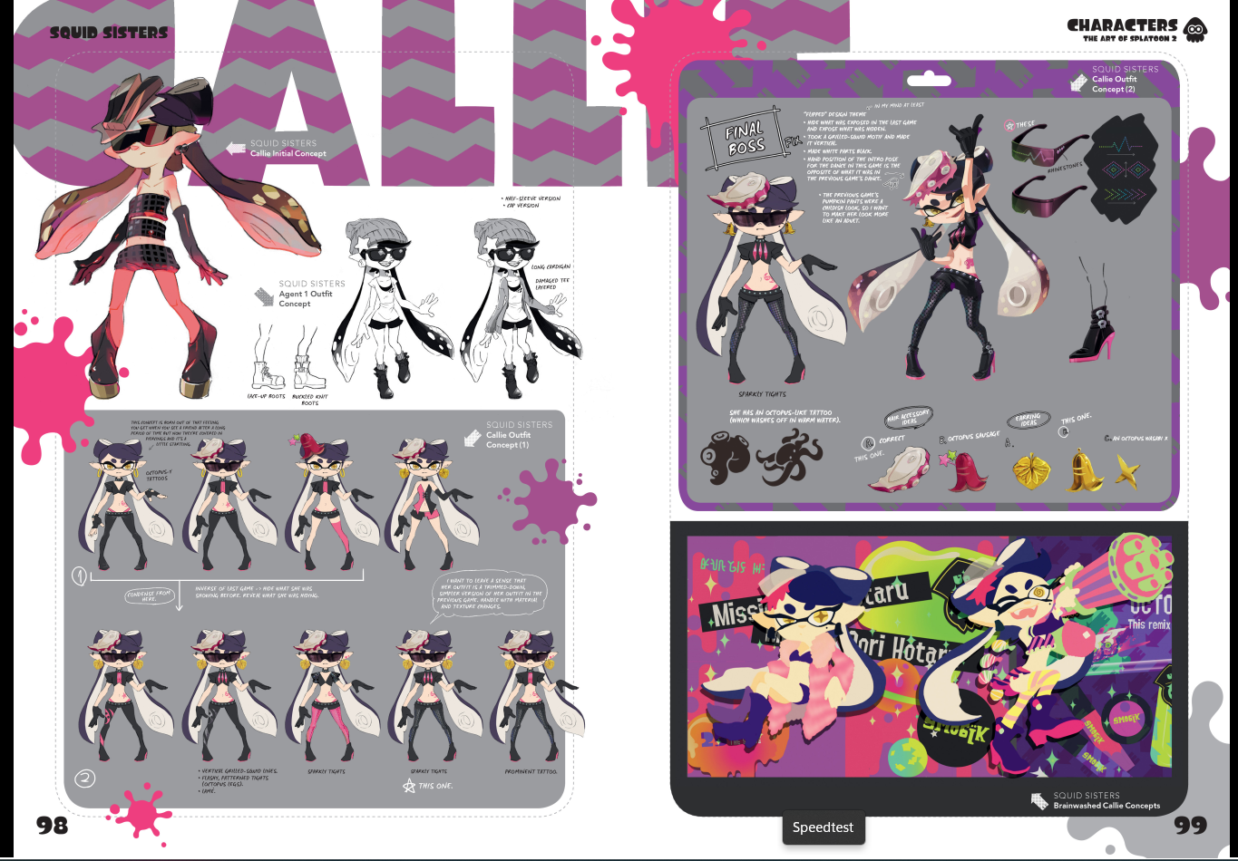 this image shows a page from an art book that has a lot of design concepts of a female character in video game. the character is wearing different outfits. kw: design, concept, art, character, costume, outfit, video game, splatoon, page