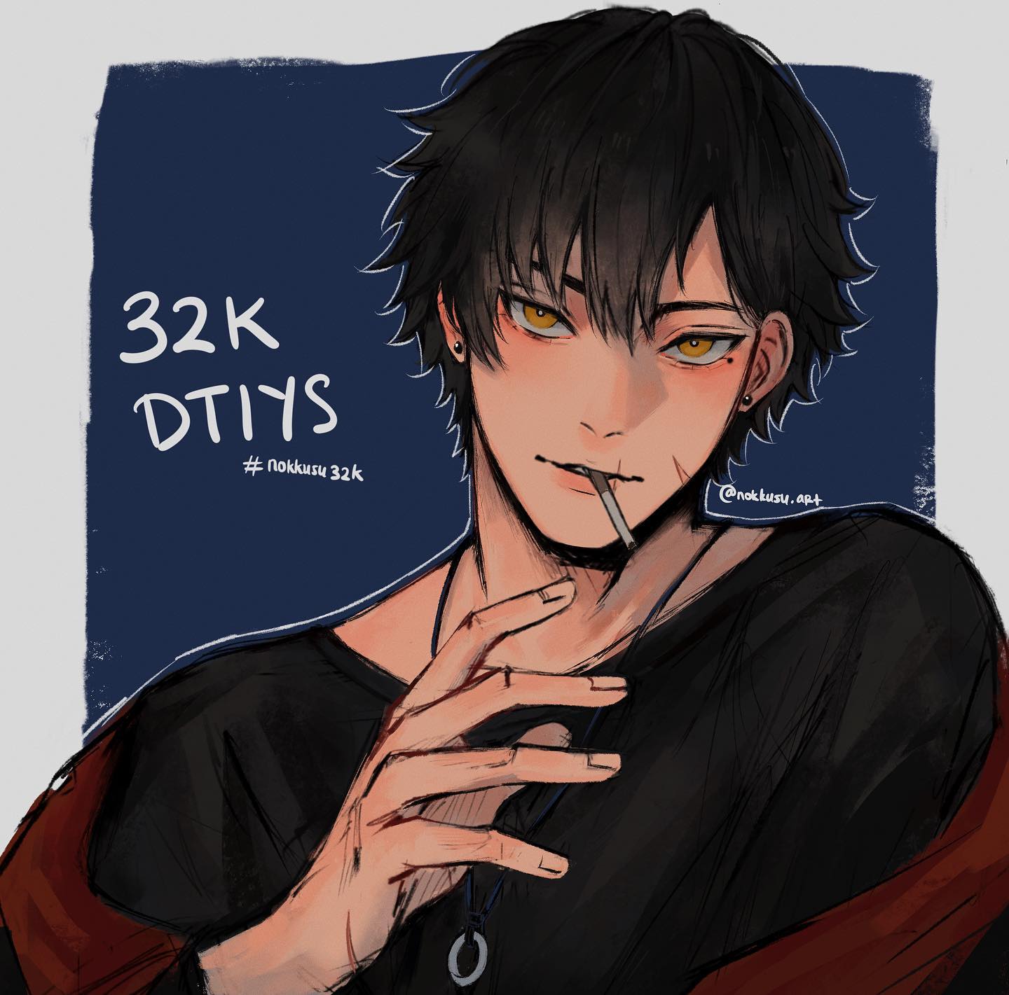 the image is a digital drawing or fanart in an anime/manga style depicting a stylish young man. he has dark, slightly spiky hair, striking yellow eyes, and is holding a cigarette. he's dressed casually in a darkcolored shirt and a red jacket is visible on his shoulder. the background is a simple dark blue. text overlayed on the image indicates a "32k dtiys" challenge (draw this in your style) with an associated hashtag. the overall aesthetic is dark, cool, and somewhat edgy. the artist's handle (@nokkuusyu_art) is subtly placed in the image. the art style suggests a focus on character design and mood.