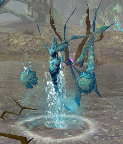 an ice elemental stands in a swamplike area, with crystals forming its body and water cascading from below it. it appears to be floating above a glowing circle on the ground. there is a floating crystal orb to its left. the background includes swampy trees and a misty atmosphere. the overall aesthetic is fantasy and appears to be from a video game.