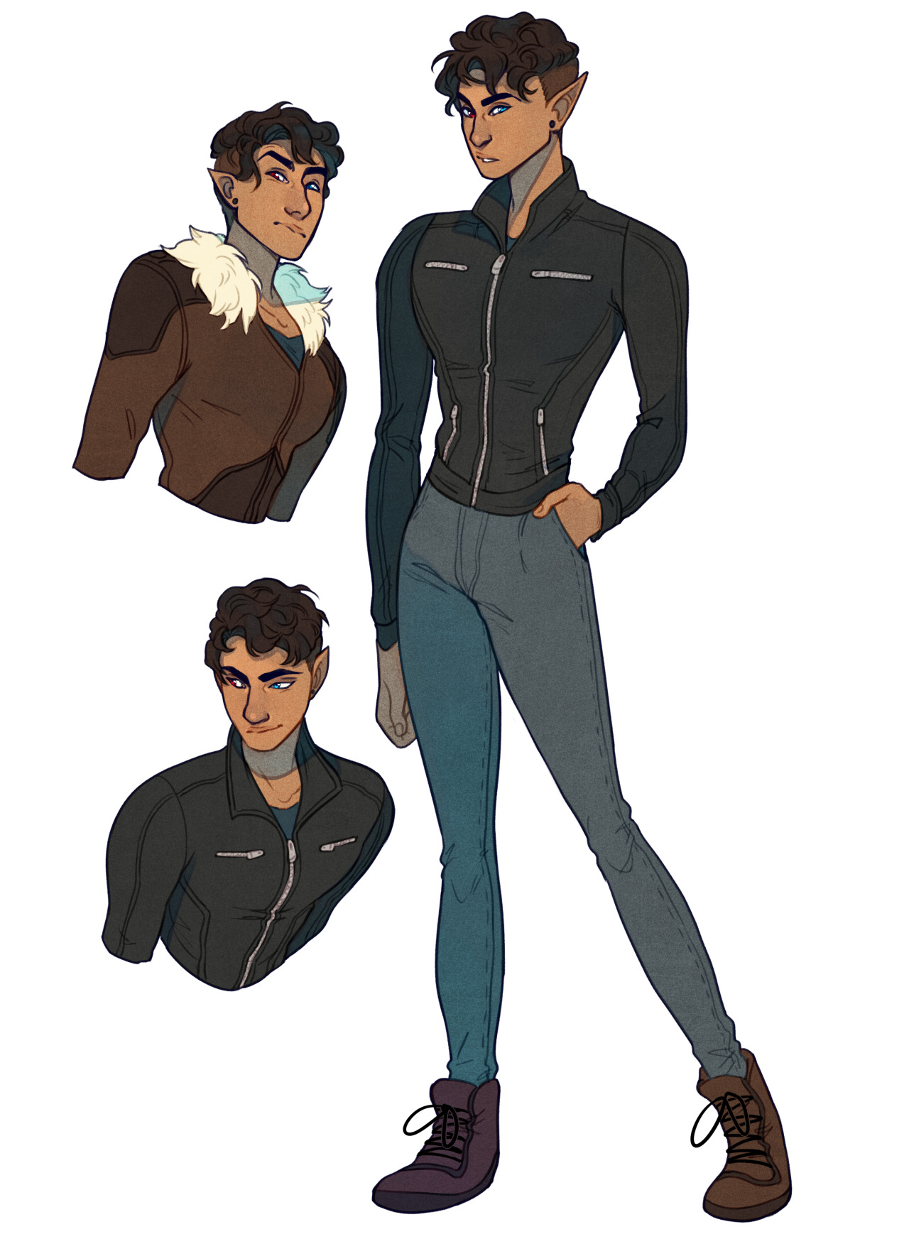a digital character design concept sheet of a young adult male elf. he has tan skin, brown eyes, and short, curly brown hair. the character design sheet depicts the character in a tshirt and a black bomber jacket from the front, side, and in a bust. the bust portraits show the character with two different hairstyles and, in one, wearing a brown, furlined aviator jacket.  he is wearing formfitting blue jeans and brown boots.  the character is posed with his left hand in his pocket and his right hand relaxed at his side. the character is drawn against a white background.