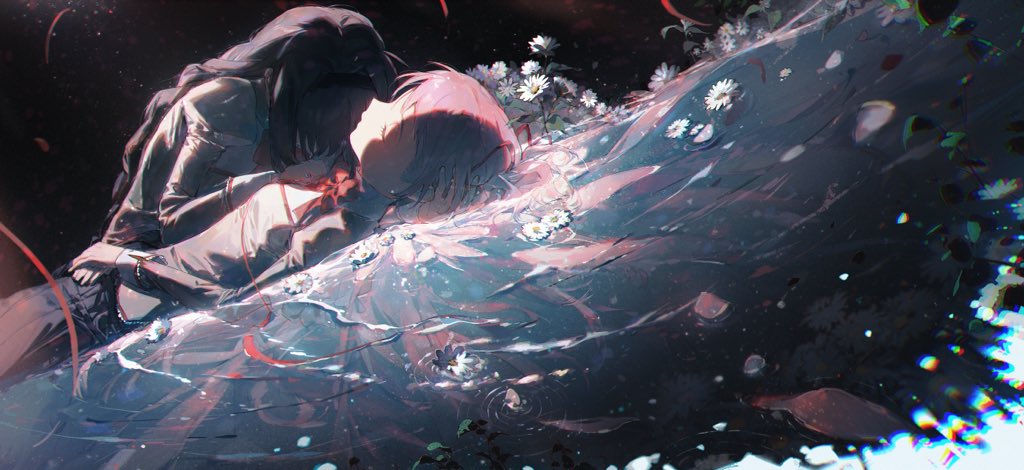 this is an illustration of two anime girls, one with black hair and the other with pink hair, hugging each other. they are floating in a dark, waterlike environment with white flowers around them. the image evokes a sense of sadness, love, and romance. it is likely a piece of digital art and may be inspired by anime or fantasy. the overall tone of the image is dark and melancholic.