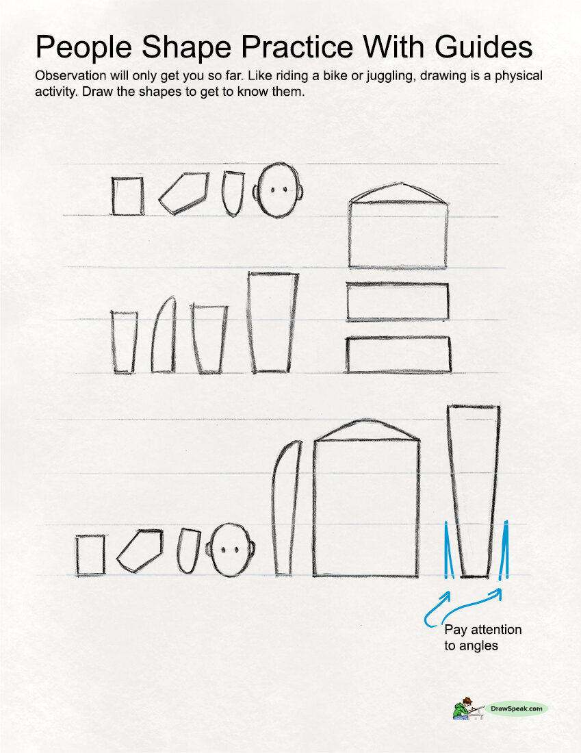 he image is a drawing exercise sheet titled "people shape practice with guides". it features simple geometric shapes arranged to form rudimentary human figures. the instructions emphasize observation and attention to angles. the exercise aims to improve drawing skills through repetitive practice of basic shapes. the bottom right corner includes a logo for drawspeak.com.  the sheet is on lined paper, suggesting a notebook or worksheet format.