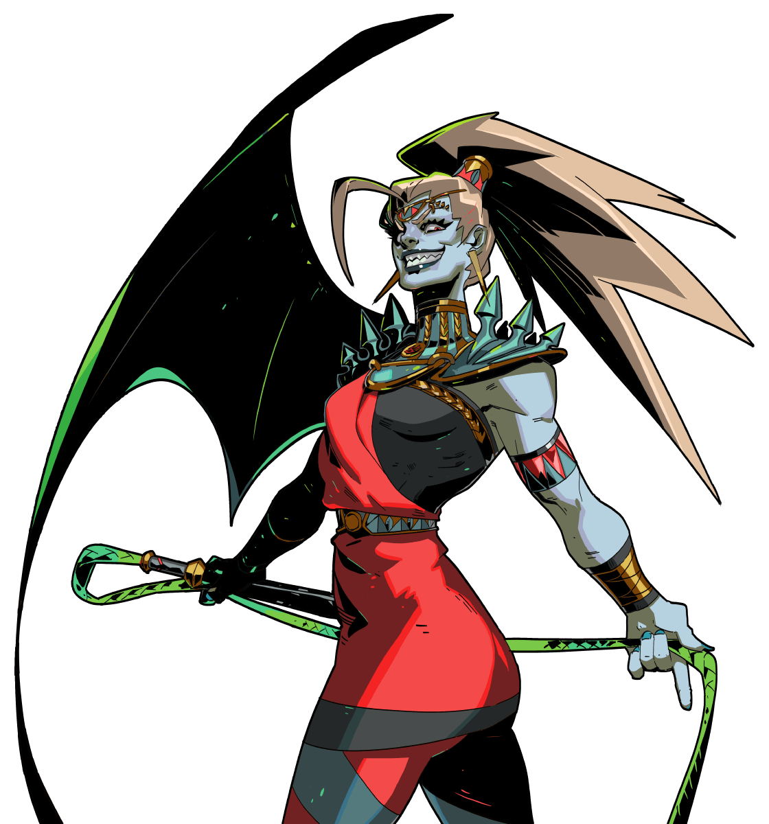 an illustration of a female demon with black wings, horns, and a red and black outfit. she is holding a whip and has an evil expression on her face. the background is white.