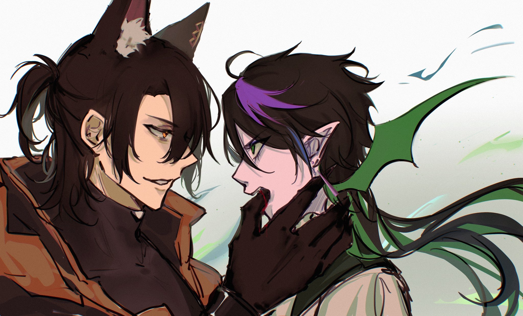 the image is an illustration of two anime characters. the character on the left is a young man with brown hair, black eyes, and a pair of cat ears. he's wearing a black shirt with a brown jacket over it. he's looking at the character on the right with a sly smirk. the character on the right is a young man with purple hair, black eyes, and a pair of small, green wings. he is wearing a white shirt and a pair of gloves. he's looking at the character on the left with a menacing expression. he is biting his lip and the blood from his lip is dripping down his chin.