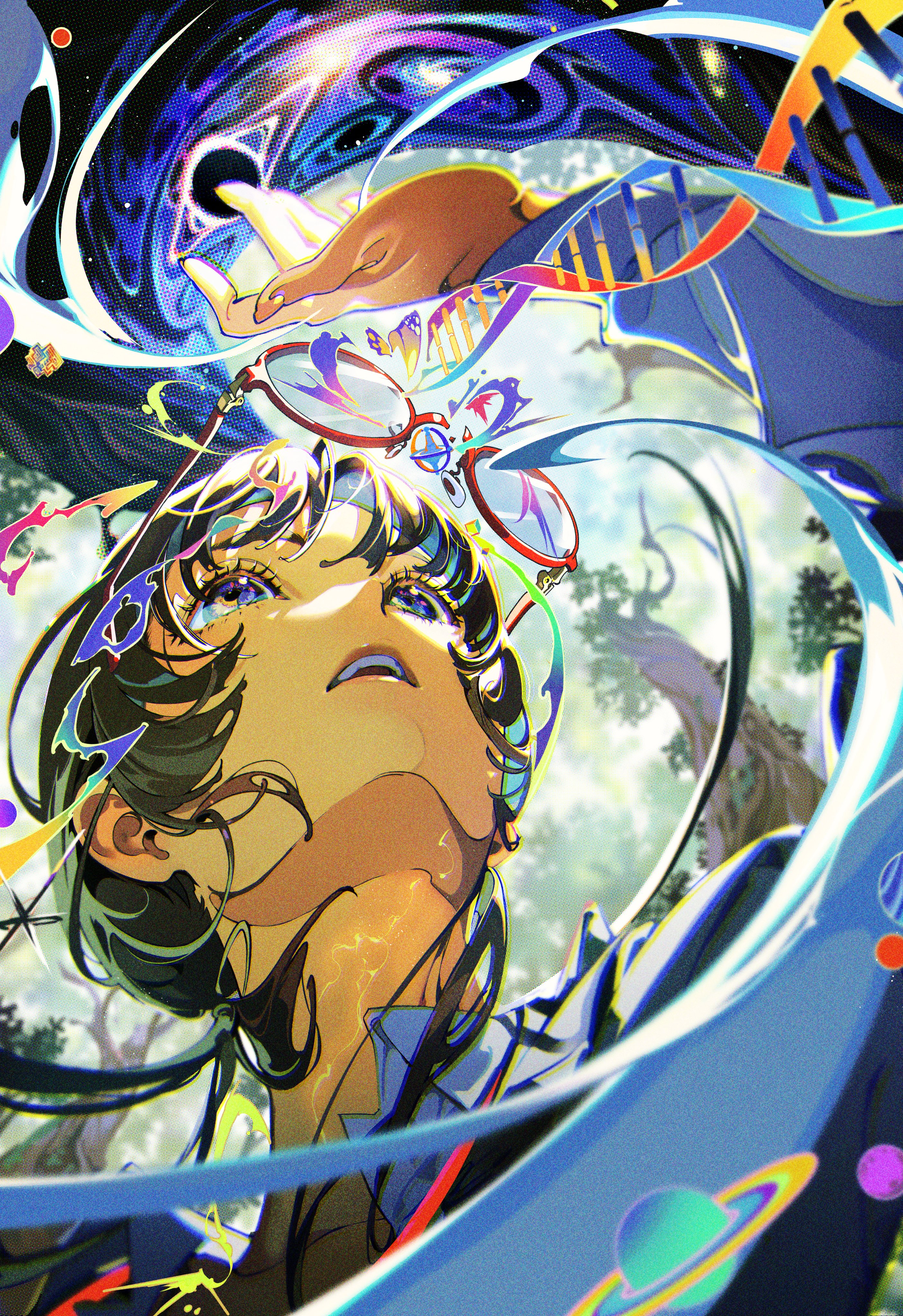 the illustration features a young woman with glasses, gazing upwards in awe and wonder. she is surrounded by swirling, abstract patterns of blue, white, and orange, evoking a sense of movement and energy. celestial elements like planets, stars, and galaxies are interwoven with strands of dna, suggesting a connection between science, the universe, and human potential. the overall composition suggests a dreamlike state of discovery and aspiration.