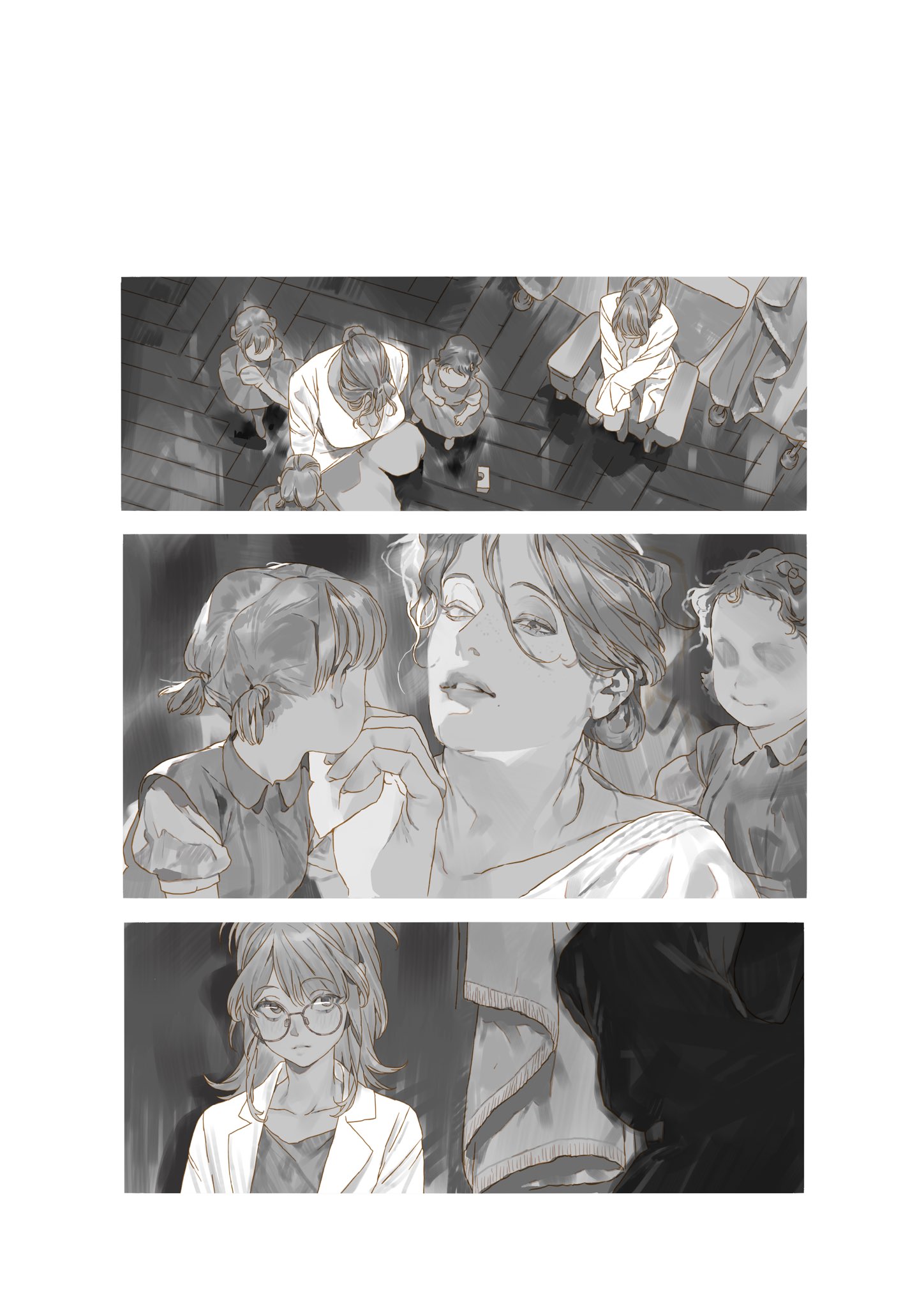 the image is divided into three panels, showing monochrome artwork. the top panel presents a highangle view of several children and an adult, all looking upwards. the second panel features a closeup of an adult woman with two children beside her, with a pensive expression on her face. the bottom panel depicts a woman wearing glasses and a lab coat, standing next to a large, dark shape.