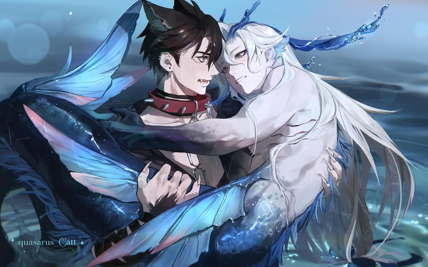 the artwork depicts a romantic scene between two mermen. one merman has dark hair, wolflike ears, and a darkblue, starry tail, while the other has long, white hair, antlerlike head adornments, and a lighter blue, starry tail. they are embracing intimately underwater, with water splashing around them. the merman with dark hair is holding the other close, showing a passionate and intense connection. the artwork features a detailed and highly stylistic rendering of the mermen's bodies, tails, and hair, along with the water and ambient lighting. the overall mood is romantic and suggestive.  the artist's signature "quasarus_catt" is faintly visible in the lower left.