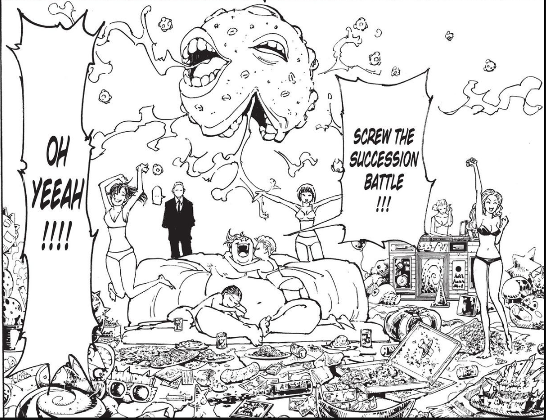 the image depicts a chaotic bedroom scene. in the center, a morbidly obese person lies in a messy bed with two small children. around them, four scantily clad women celebrate with drinks and party favors. a monstrous, grotesque creature with a wideopen mouth dominates the upper portion of the panel. a man in a suit stands calmly amidst the chaos. the scene is messy, energetic, and suggests a disregard for order and restraint. the speech bubble with "screw the succession battle!!!" implies this celebration is a rejection of some ongoing conflict.