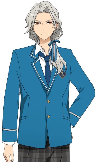 the image shows a fullbody portrait of wataru hibiki, an anime character from ensemble stars. he is a male with silver hair, orange eyes, and a serious expression. he is wearing a blue school uniform consisting of a blazer, a white collared shirt, a blue tie, and plaid pants. the background is solid black.