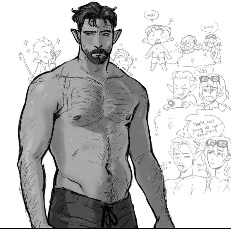 the image is a grayscale sketch featuring a muscular, hairychested male elf character in swim trunks.  he appears to be sweating slightly.  in the background are smaller sketches of several smaller elflike characters, some appearing to be children or adolescents. they are engaged in various actions, including taking photos of the main character and reacting to him with comments like "hot" and "why?".  the smaller sketches add a humorous and playful context to the main figure. the overall style is loose and expressive, typical of a quick sketch or fanart.