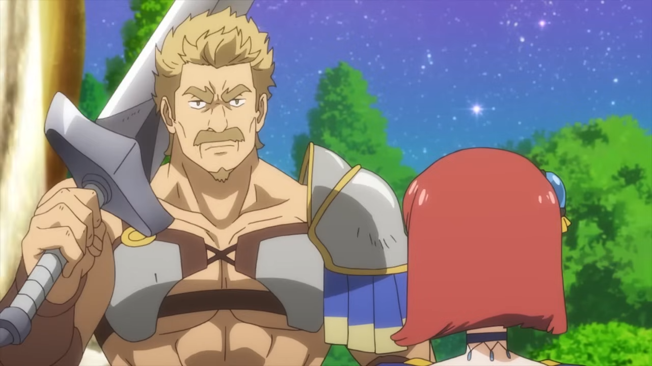 a blonde, muscular man with a sword and armor is talking to two women outside at night. the man has a serious expression on his face.