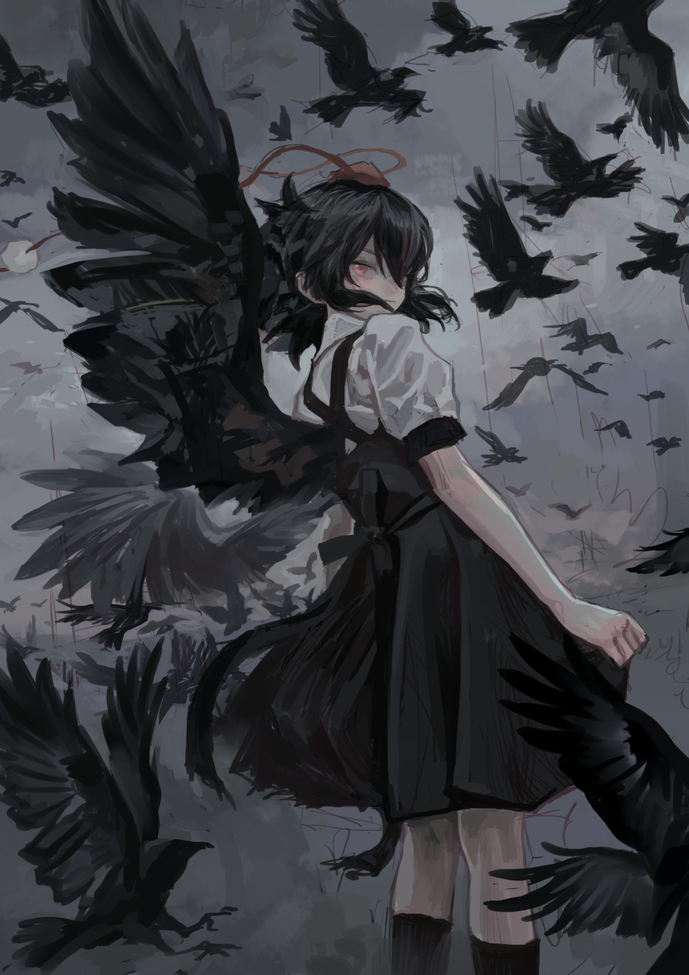 an animestyle image depicts a young girl with short black hair and red eyes, standing amid a flock of crows. she wears a black dress over a white shirt, and has large, dark wings emerging from her back. a red ribbon is visible in her hair. the background is filled with crows in flight, against a moody, overcast sky. the overall aesthetic is dark and somewhat melancholic.