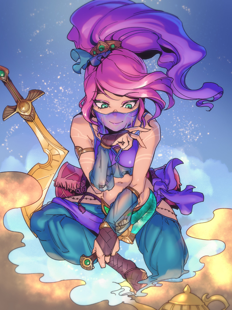 a cartoon anime woman with long pink hair in a ponytail. she is wearing purple and blue genie outfit. she is holding a golden sword and looking at a golden lamp that is below her. she is floating on a cloud. the background is a blue sky with stars.