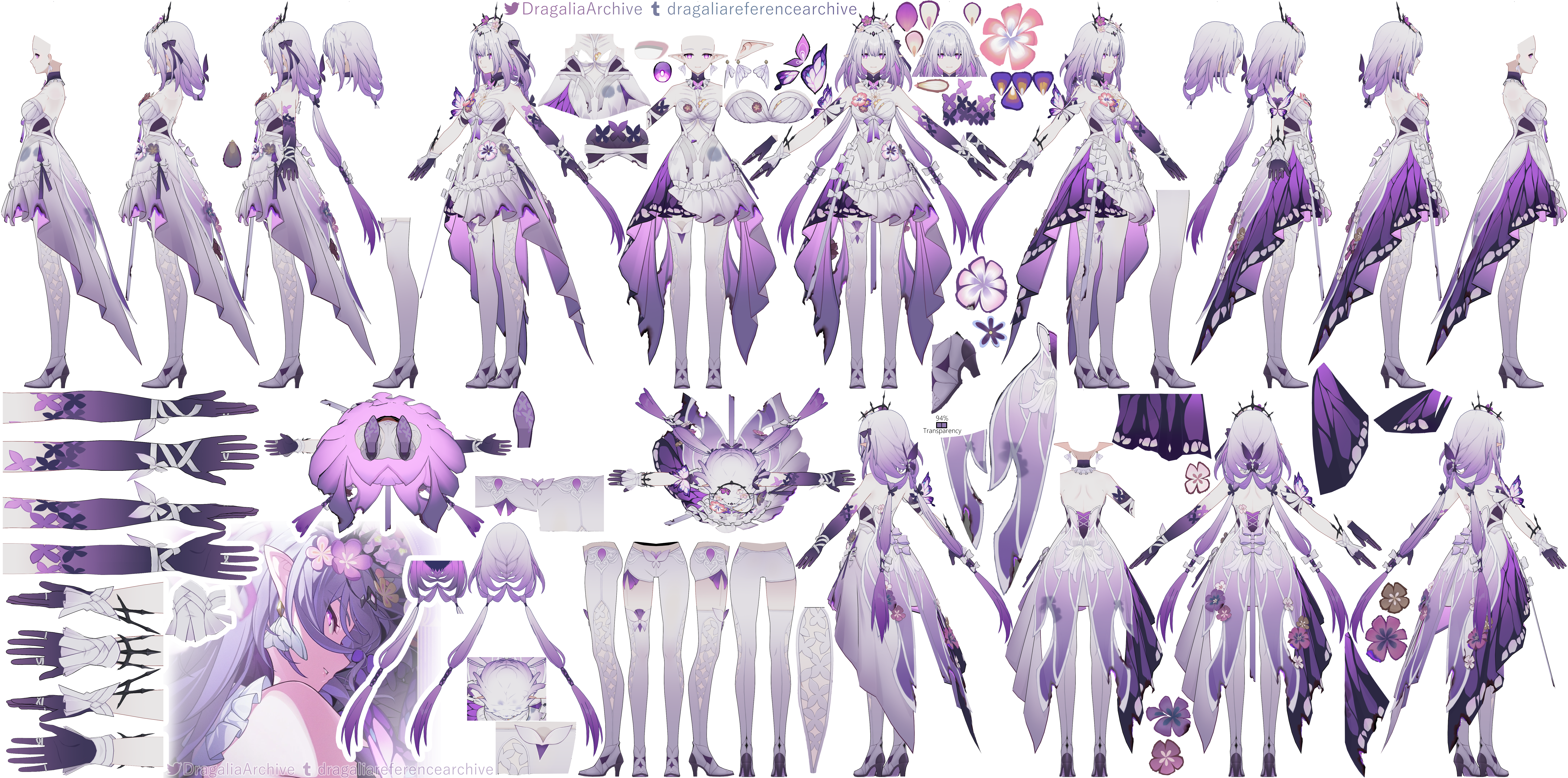 his image is a comprehensive design sheet or model sheet for a female character from the game dragalia lost. it displays a multitude of views and components, including different poses, individual parts of the outfit, accessories, and closeups. the character is designed in an anime/manga style, with a predominantly purple and white color scheme, featuring butterflylike wings and floral decorations on her dress.  the detailed breakdown suggests it's for use in game development or animation. the image is likely intended as a reference for artists and developers working on the character.  watermarks indicate the source as "dragaliaarchive" and "dragaliareferencearchive".