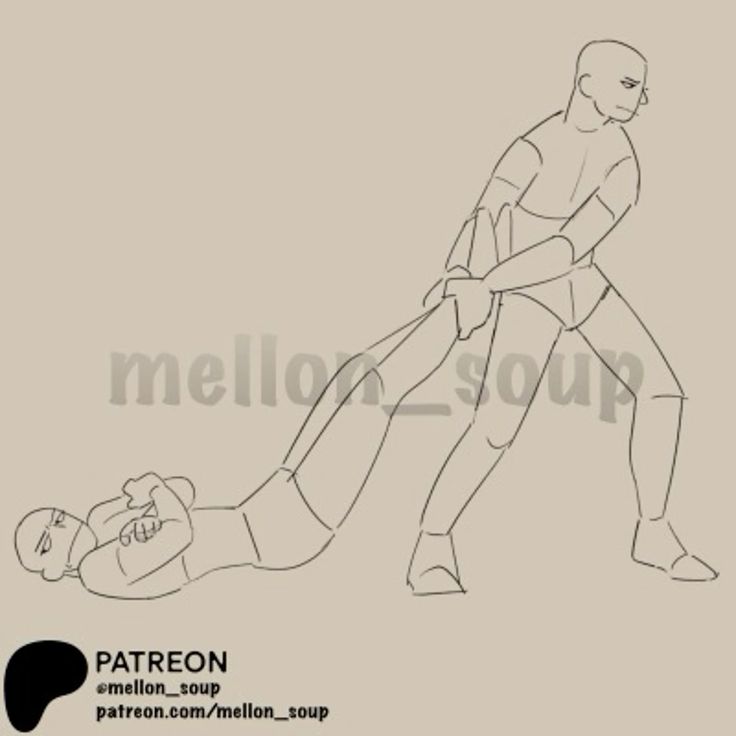 a line art drawing of two men, one dragging the other by the leg. the man being dragged is on the ground, while the other man is pulling him up. the drawing is in black and white, with a slightly rough and sketchy style. it appears to depict a fight or struggle between the two men.