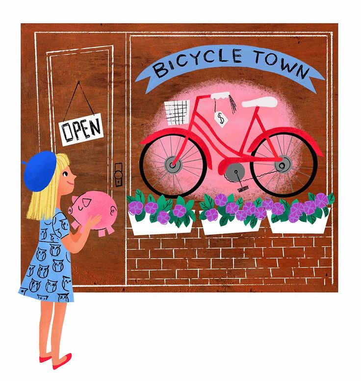 a whimsical illustration depicts a girl with blonde hair, wearing a blue beret and an owlprinted dress, holding a pink piggy bank in front of a storefront. the storefront features a window displaying a red bicycle with a basket, set against a pink background. a blue banner reads "bicycle town" above the window. below the window, three white planters are filled with purple flowers, resting on a brick wall. an "open" sign hangs on the brown door to the left of the window.