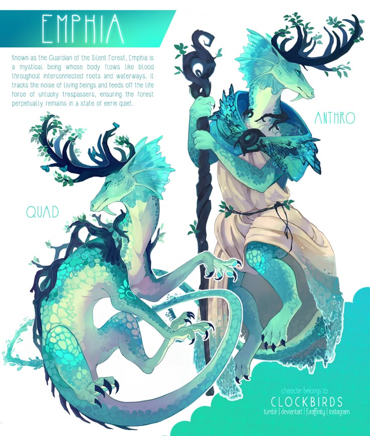 the image shows two versions of a character named emphia, who is described as the guardian of the silent forest. emphia is a mystical being whose body flows like blood throughout interconnected roots and waterways. the character is depicted in two forms: one in a quadrupedal ("quad") stance and the other in an anthropomorphic ("anthro") pose. both versions have dragonlike features with antlers decorated with foliage. the anthropomorphic version is holding a twisted staff and wearing a draped garment. the text around the image provides context about the character's role and nature. the character's creator is credited as clockbirds.