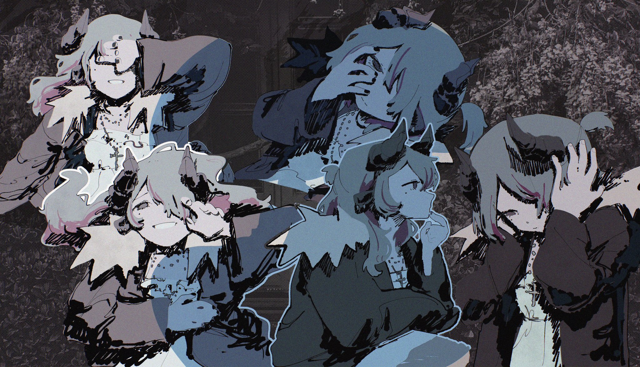the image shows a collection of animestyle gothic illustrations. it features multiple depictions of young girls with demonic horns, set against a blurred, dark fantasy background with trees. the girls wear clothing with crosses, suggesting religious or gothic themes. each girl has different expressions and poses, conveying a variety of emotions. the overall style is reminiscent of manga or anime illustrations.