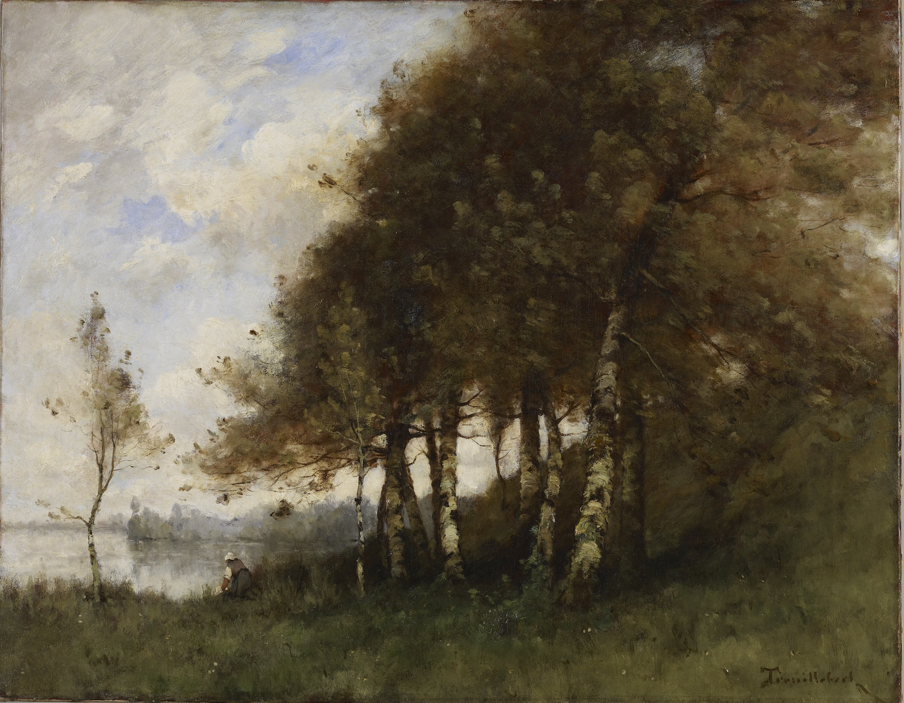 the image is a landscape painting depicting a lakeside scene. a figure, likely a woman, is seated in the grass near the water's edge. a few trees stand to the right of the figure, and there is a thin tree to the left. in the center are several birch trees. the sky is cloudy with patches of blue. the overall style of the painting suggests impressionism. the color scheme is largely green and brown with sky accents.