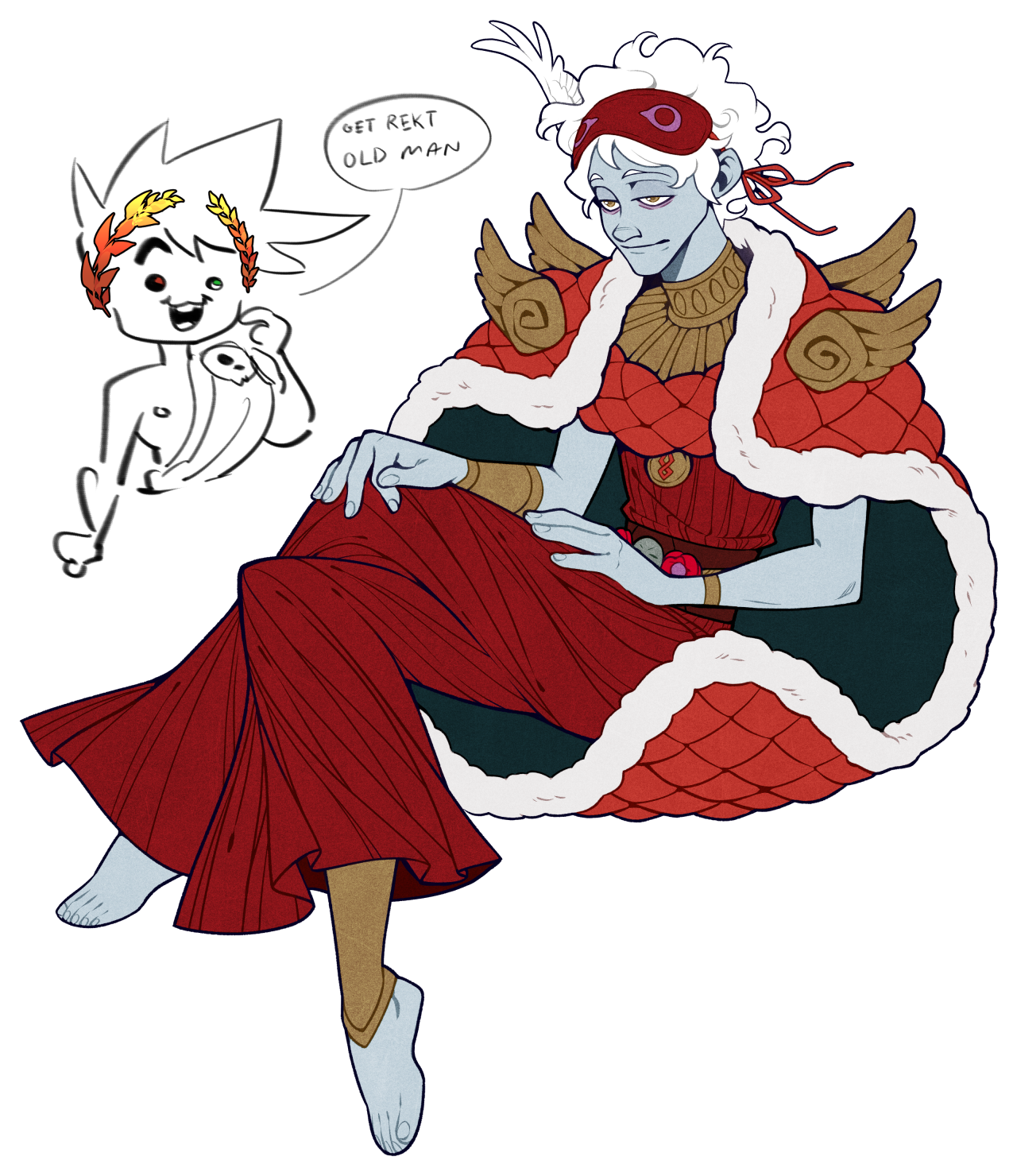 two illustrated characters, both with stark white hair, are depicted in this image. the first is hermes, the greek messenger god, drawn in a cartoon style and holding a caduceus.  his dialogue bubble reads, "get rekt old man". the other is hades, the greek god of the underworld, drawn in a more realistic style and wearing a red and gold robe, a gold laurel crown, and a bored expression.