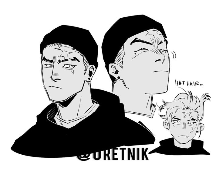 the image is a black and white illustration featuring three distinct male characters, drawn in an anime or mangainspired style. the style is characterized by bold lines, expressive facial features, and a slightly rough texture.  the central character is wearing a black beanie and hooded sweatshirt. to his right is another character with short, dark hair and a more neutral expression. a third character, smaller and located below, features blond, slightly spiky hair, and a more subdued facial expression. the artist's tag "@uretnik" is visible in the lower portion of the image.  the illustration has a casual, slightly edgy vibe.