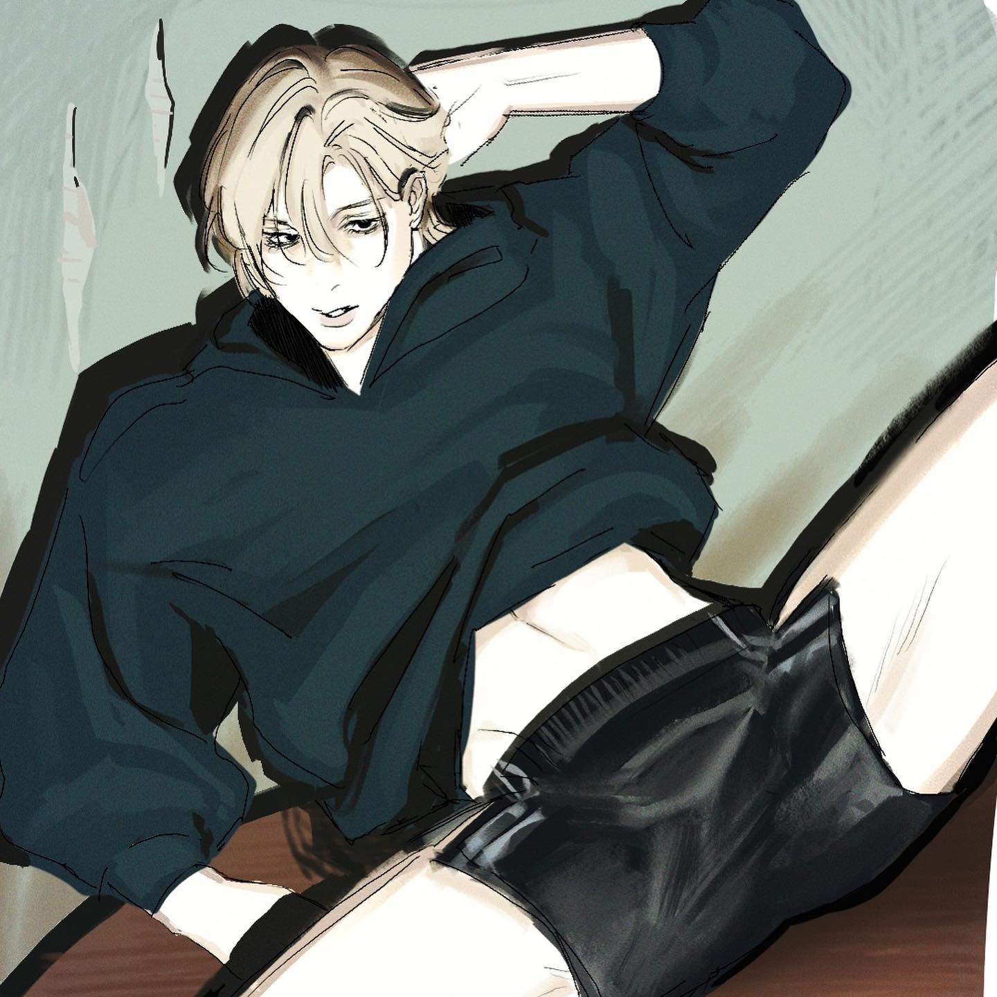 a man with blonde hair is sitting on a couch. he is wearing a black hoodie and black shorts. he is looking at the viewer with a slightly bored expression. the drawing is done in a manga style.