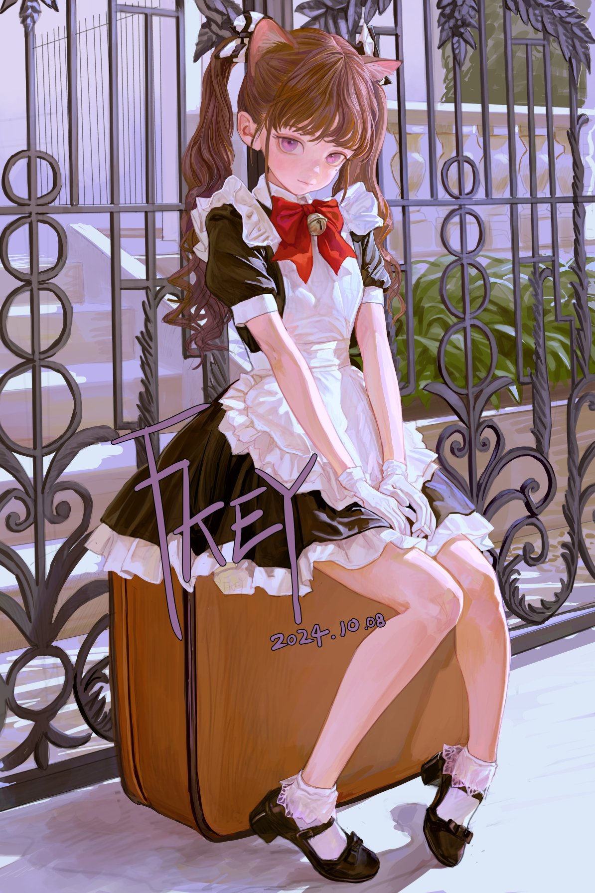 an anime girl with brown hair in pigtails and cat ears sits on a brown suitcase in front of an ornate iron gate. she is wearing a black and white maid outfit with a red bow and bell. she has white gloves, white socks, and black shoes. the image has the date "2024.10.08" and the name "tkey" written on it. there are some plants visible behind the gate.