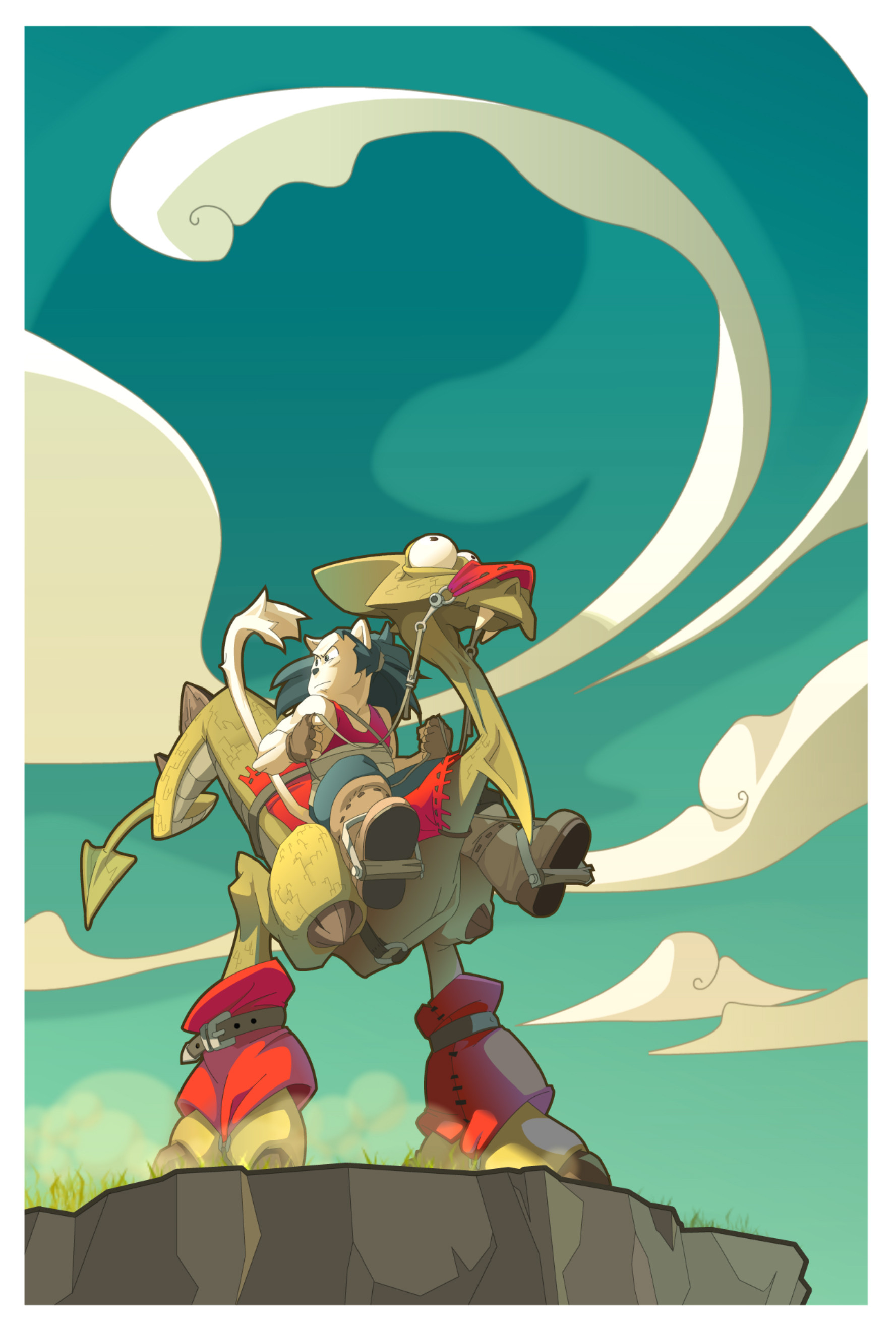 a cartoonstyle image of a character riding a fantastical creature, with an adventurous, comic book, feel.  the creature is a light brown with large boots and a long, sharp tail that curls up in the back.  the rider is a catlike creature with dark fur, a red shirt, and dark pants, riding on the creature's back and holding onto its neck with one hand.  they are in the foreground, with the background consisting of a deep blue sky with light, fluffy clouds, hinting at adventure.