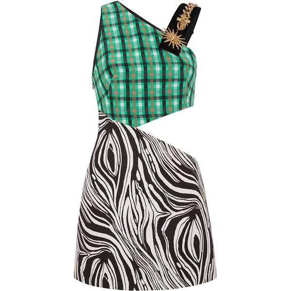 a oneshoulder mini dress with a green and black plaid top with a cutout and a zebra print skirt.
