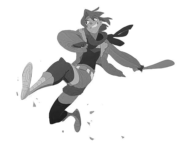 the image is a black and white drawing of a young woman in an anime style. she is in midair, with one leg extended back behind her and the other foot in the air as if she is about to kick.  her other arm is bent at the elbow as if holding a bat, but the bat isn't actually shown. she's wearing a jacket and pants with a scarf around her neck that is  flowing behind her. she's looking to the left.   her expression is lively and confident.  the image has a dynamic, energetic feel to it.