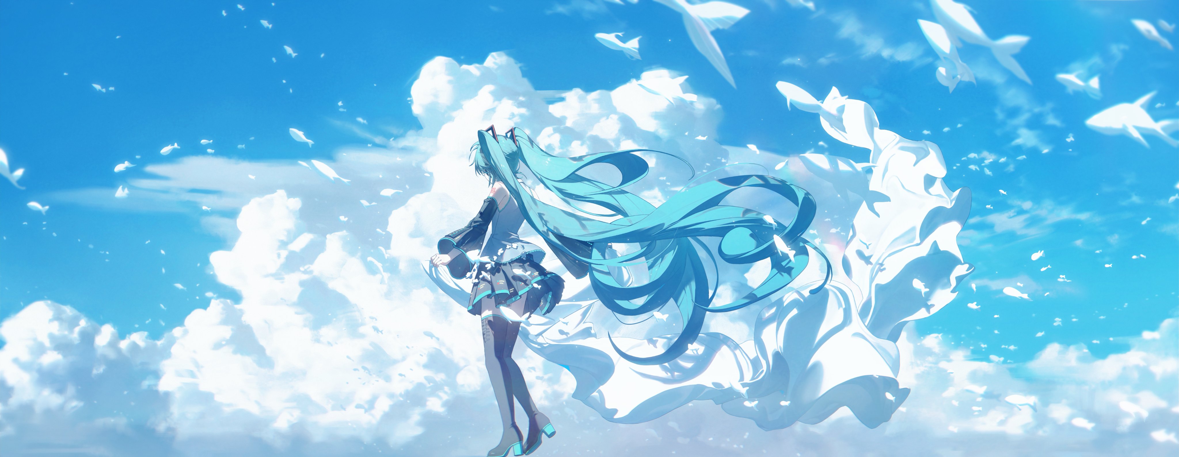the image shows an anime girl with blue hair standing in a sky full of clouds and floating fish. the girl is wearing a dark dress and light blue boots. her long hair is blowing in the wind. the sky is a clear blue with fluffy white clouds and many fish swimming around.