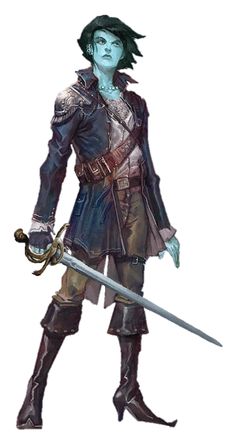a female character with blue skin stands against a white background. she's dressed in pirate garb with a long coat, breeches, and boots.  she holds a sword in her right hand, pointing it slightly downward. her expression is serious and alert. the image appears to be digital artwork, likely for a fantasy game or story.