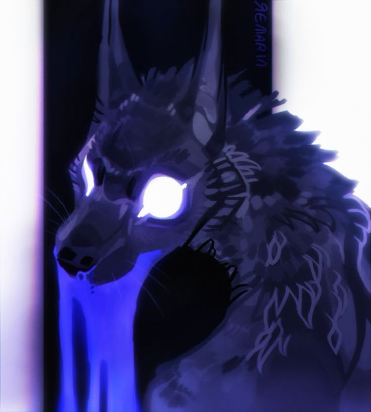 the image is a digital illustration featuring a darkcolored wolflike creature with glowing white eyes. the creature is set against a contrasting background of dark and light areas, with a stream of blue emanating from its mouth or lower jaw. the artwork has a fantasy or supernatural feel, likely depicting a character or creature in a stylized, expressive manner. the style resembles digital painting, with visible brushstrokes and attention to light and shadow.
