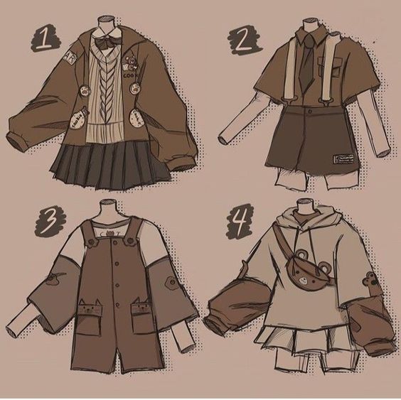 the image presents four different sketches of stylish, brownthemed outfits. each outfit is presented on a headless, stylized mannequin. the designs incorporate elements like overalls, skirts, jackets, sweaters, and accessories like ties, suspenders, and bags. the style leans towards a cute, casual, and slightly tomboyish aesthetic.
